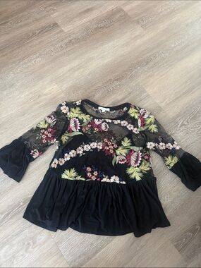 Floral Embroidered Black Peplum Top